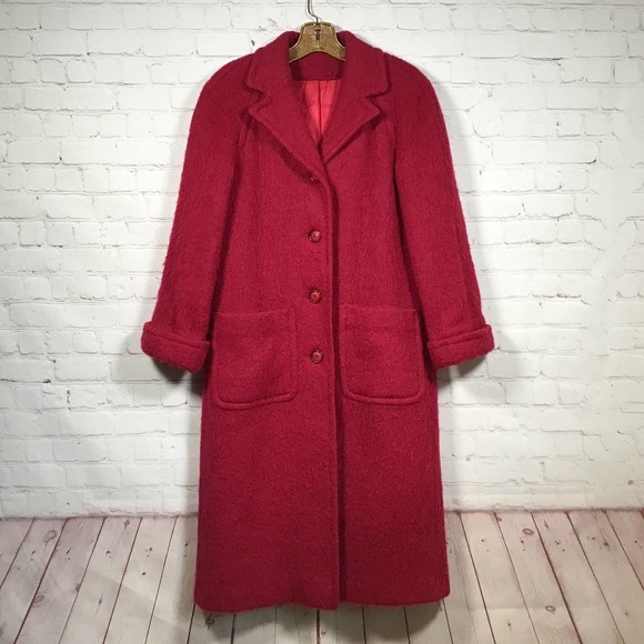 Vintage Wool Mohair Coat Raspberry Button Front Cuffed Sleeve Womans Small